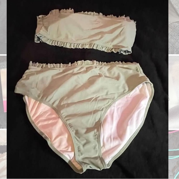 Two SHEIN Plus Frill Trim Hot Pink and Green  Bandeau Bikini Swimsuit - Picture 4 of 4